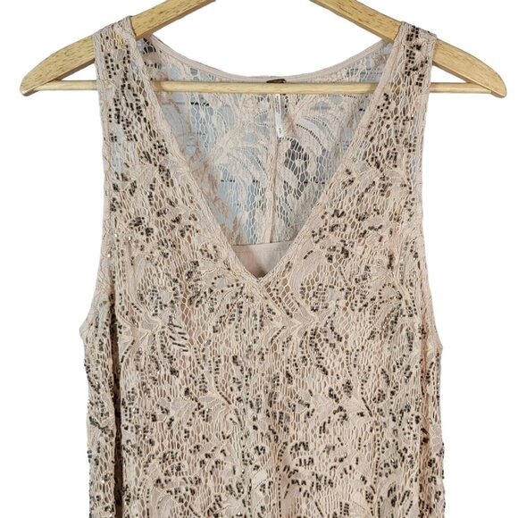 Free People Shine On Mini Dress Brown Nude Small Bead Lace Sleeveless Cocktail - Picture 2 of 13